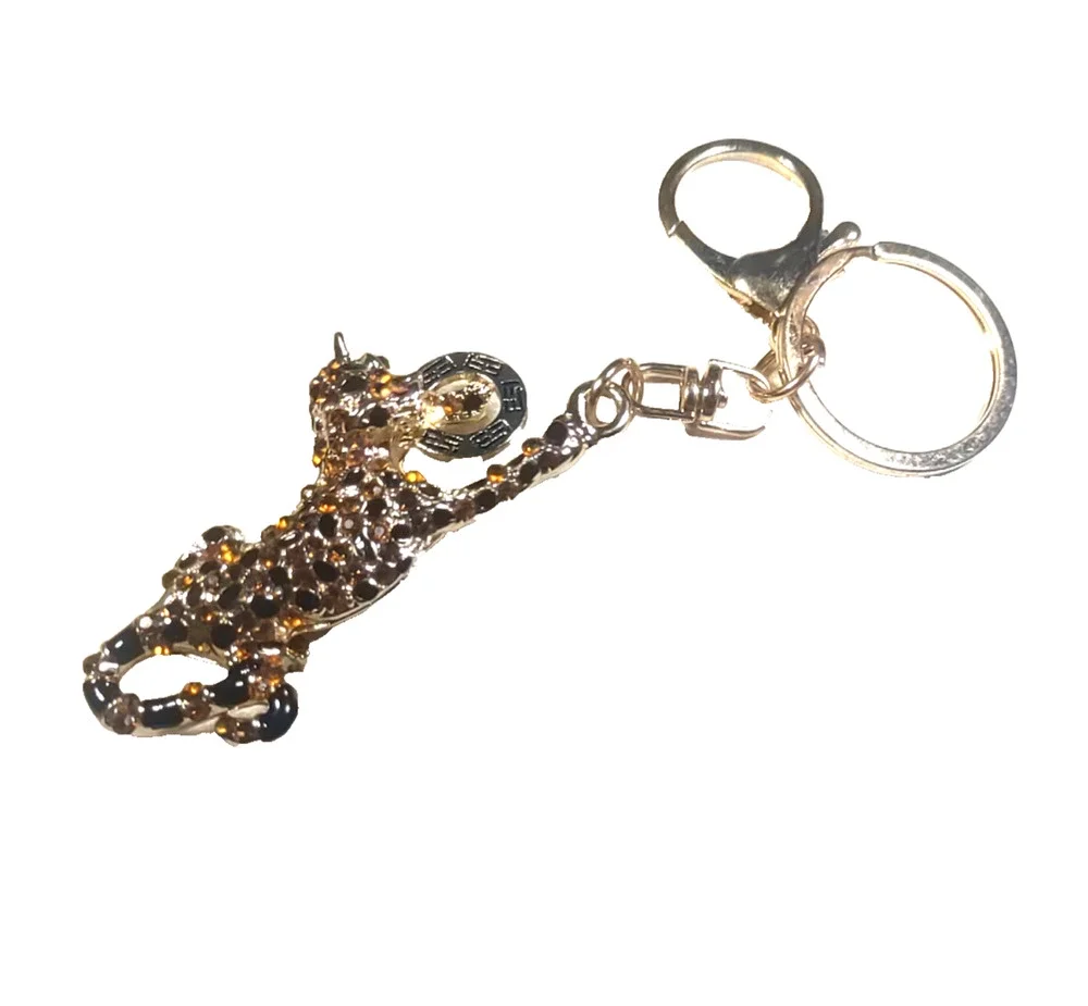 Leopard Keychain Gold Tone Brown Orange Rhinestone Gold Tone Purse Clip